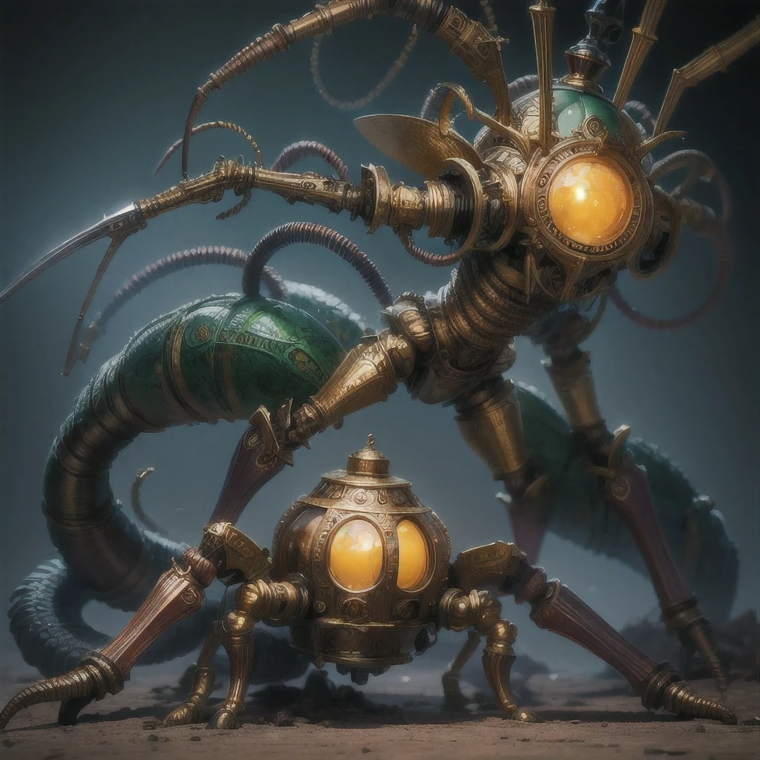 a close up of a golden паук with a royal green emerald body and legs, steampunk паук, Mechanical паук red and cobalt blue legs, паукообразный, Лолс, арахна, паук, Стимпанк-робот Скорпион, очень детализированный барлоу 8k, Ярко-оранжево-синие ножки большие, скульптура из золота, Хироюки Тадзима, full samurai armor паукman, giger паук joker, инсектоид，（（（Дегенератор ）））（（（Дегенератор ）））