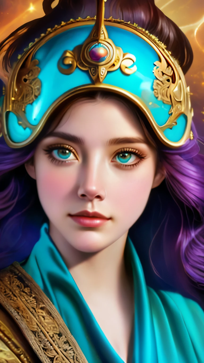 a close up of a woman with a helmet on and a sci - fiore, boris vallejo and tom bagshaw, prophet graphic novel, cosmic artifacts, inspired by Earl Norem, deepdream, awarded on cgsociety, looks a bit similar to amy adams, golden turquoise steampunk, anno 2070  