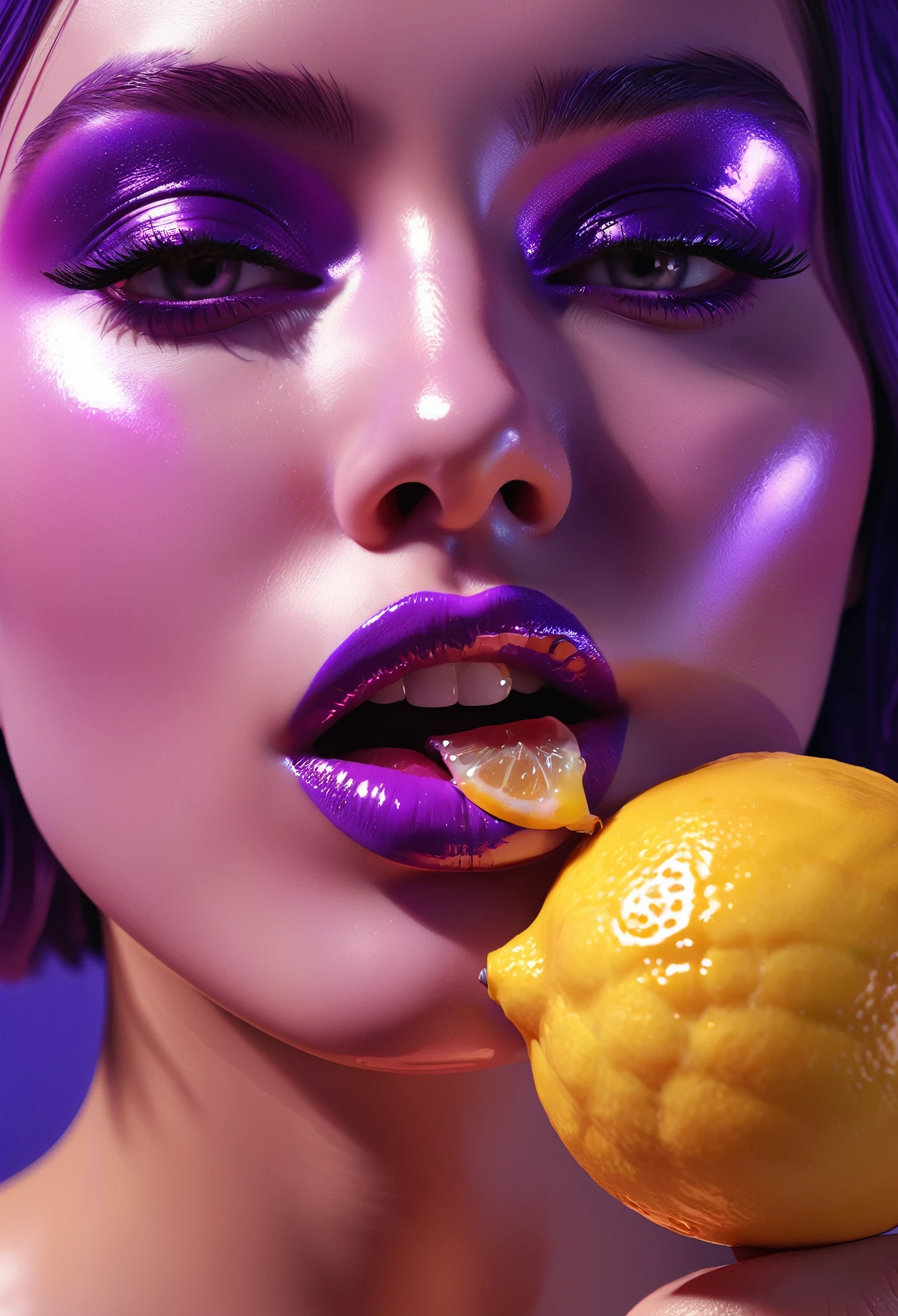 Pop art piece featuring an individual with voluminous metallized features savoring lemon juice, lips appear exaggeratedly juicy, tongue stretched devilishly long, embracing an absurdist, surreal aesthetic, acid-bright purple and pink hues dominate, with meticulous play of highlights and shadows, rendered in octane to showcase 32k ultra fine detail.rendered in Unreal Engine, photorealistic, detailed acrylic. High Resolution, High Quality, Masterpiece