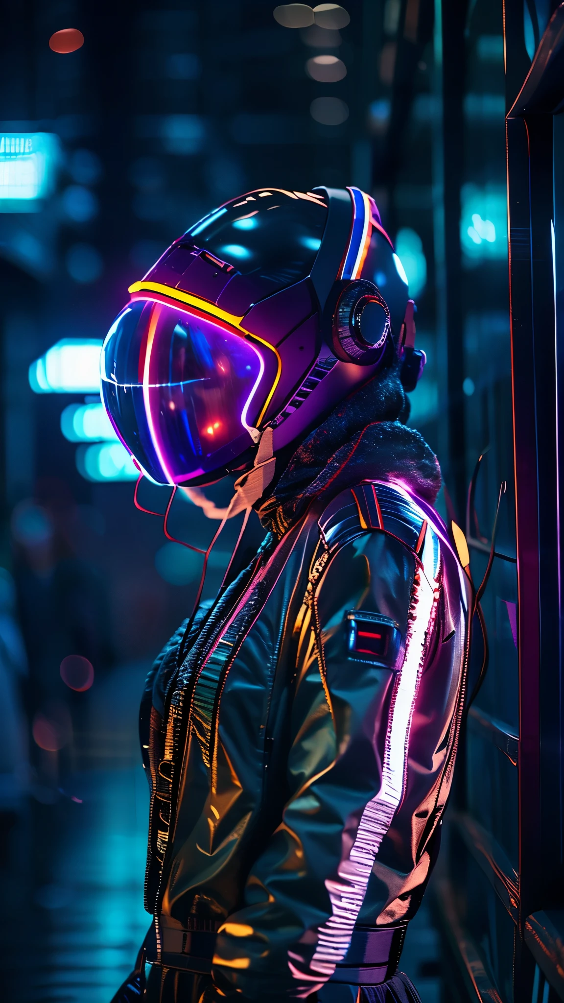 (good structure),high dynamic range,ultra high definition,8k,1 girl,blurred background,cyberpunk protective clothing,cyberpunk protective helmet,Glowing helmet,Neon lamp,neon color,oblique body,night,Mask screen reflections,depth of field,Upper body,cyberpunk,ground vehicle,lamp,neon lamp,pilot suit,alone