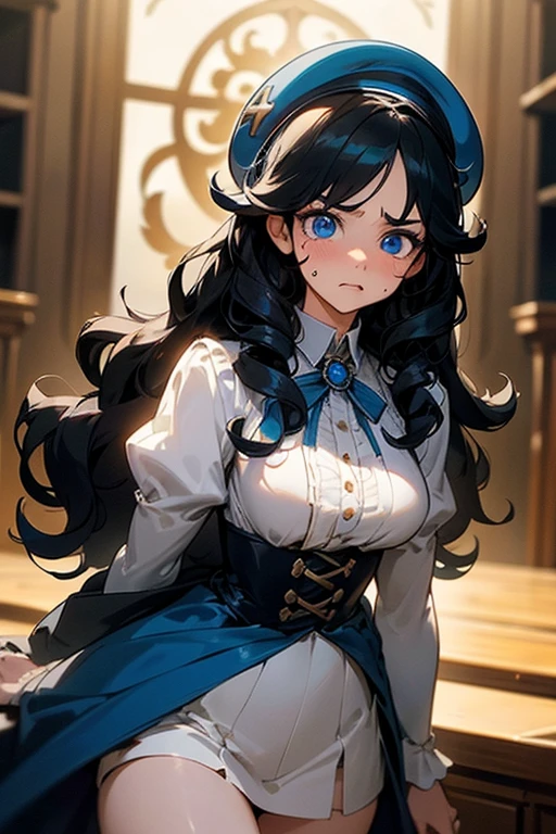 (masterpiece, best quality), warm lighting, blurry foreground, ((movie producer outfit)), 1 girl, cowboy shot, (wearing Director beret), (((fluffy hair))), makeup, finely detailed, (best quality), (intricate details), ((Long jet black hair)), ((Hair is fluffy)), best quality, ((round eyes)), beautiful face, cute face, pinup, perfect face, (((blue eyes))), ((curly long hair)), ((Disgusted expression)), ((In movie studio))