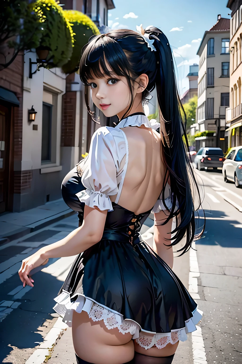 (beautiful elegant white panties), (looking back at the viewer),♥(sexy mini dress lolita gothic costume),((1girl,cute,young,semi long beautiful black hair,blunt bangs,pony tale,beautiful blue eyes)),(solo),((masterpiece, highest resolution,best quality)), (beautiful illustration),(lolita gothic costume),(looking back at the viewer), innocent smile,cinematic lighting,beautiful modern cafe,big city,flowers,buildings,blue sky
