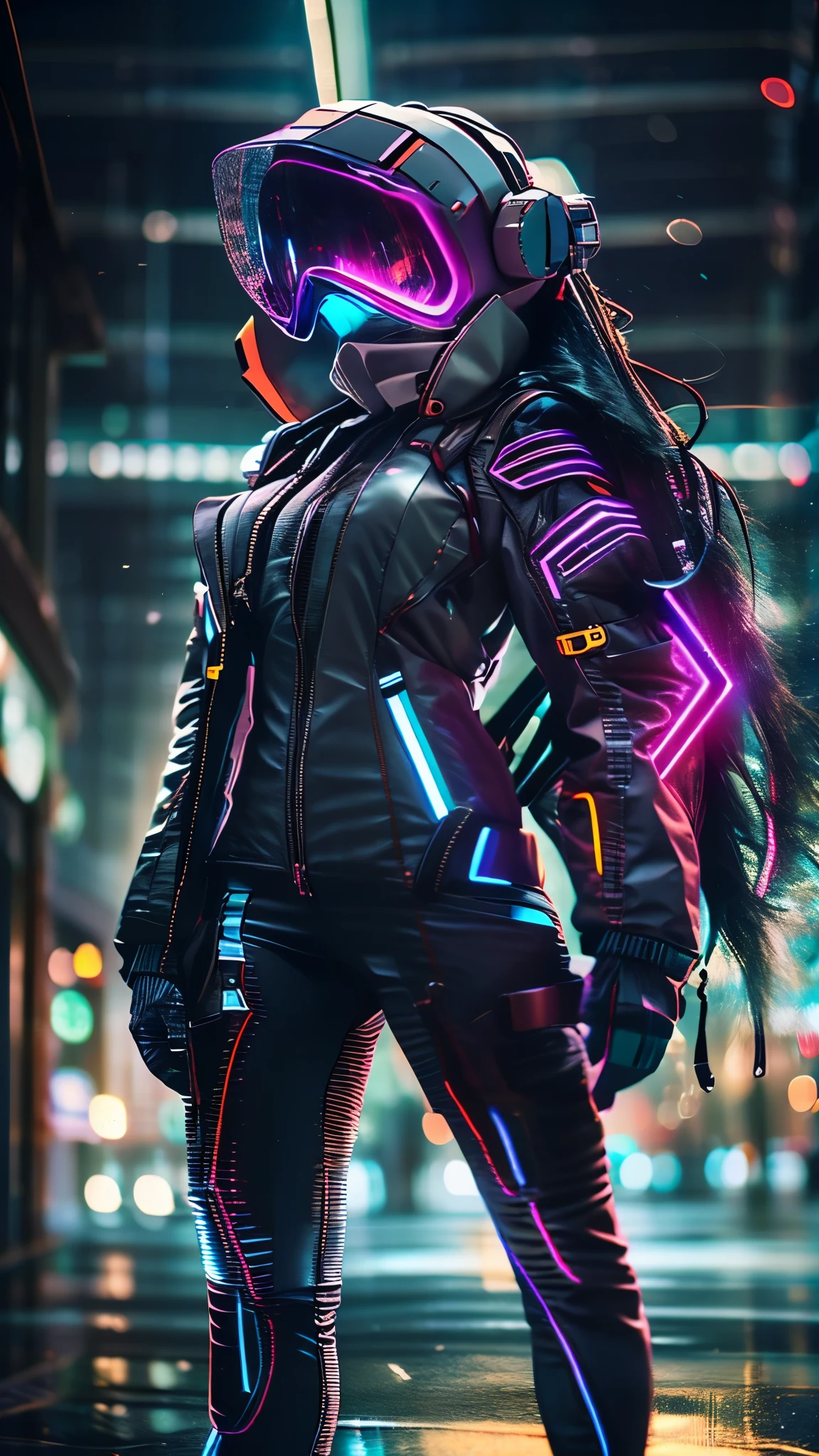 (good structure),high dynamic range,ultra high definition,8k,1 girl,blurred background,cyberpunk protective clothing,cyberpunk protective helmet,Glowing helmet,Neon lamp,neon color,oblique body,night,Mask screen reflections,depth of field,Upper body,cyberpunk,ground vehicle,lamp,neon lamp,pilot suit,alone