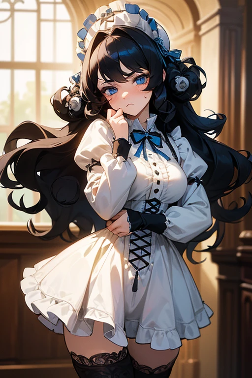 (masterpiece, best quality), warm lighting, blurry foreground, ((White ruff)), 1 girl, cowboy shot, ((victorian outfit)), (lolita attire), (((fluffy hair))), makeup, finely detailed, (best quality), (intricate details), ((Long jet black hair)), ((Hair is fluffy)), best quality, ((Puffy long sleeve dress)), (white ruff), ((Thigh high socks)), ((socks are white)), ((round eyes)), beautiful face, cute face, pinup, perfect face, (((blue eyes))), ((curly long hair)), ((disgusted expression)), Dress is long