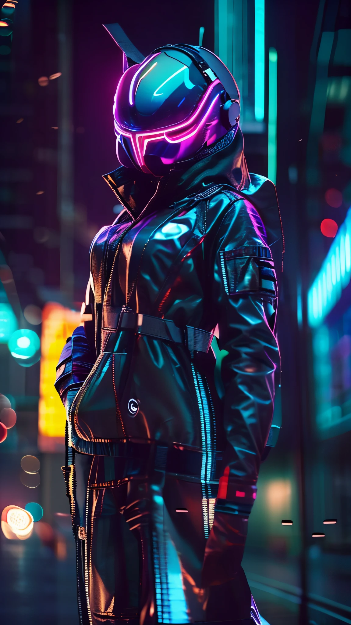 (good structure),high dynamic range,ultra high definition,8k,1 girl,blurred background,cyberpunk protective clothing,cyberpunk protective helmet,Glowing helmet,Neon lamp,neon color,oblique body,night,Mask screen reflections,depth of field,Upper body,cyberpunk,ground vehicle,lamp,neon lamp,pilot suit,alone