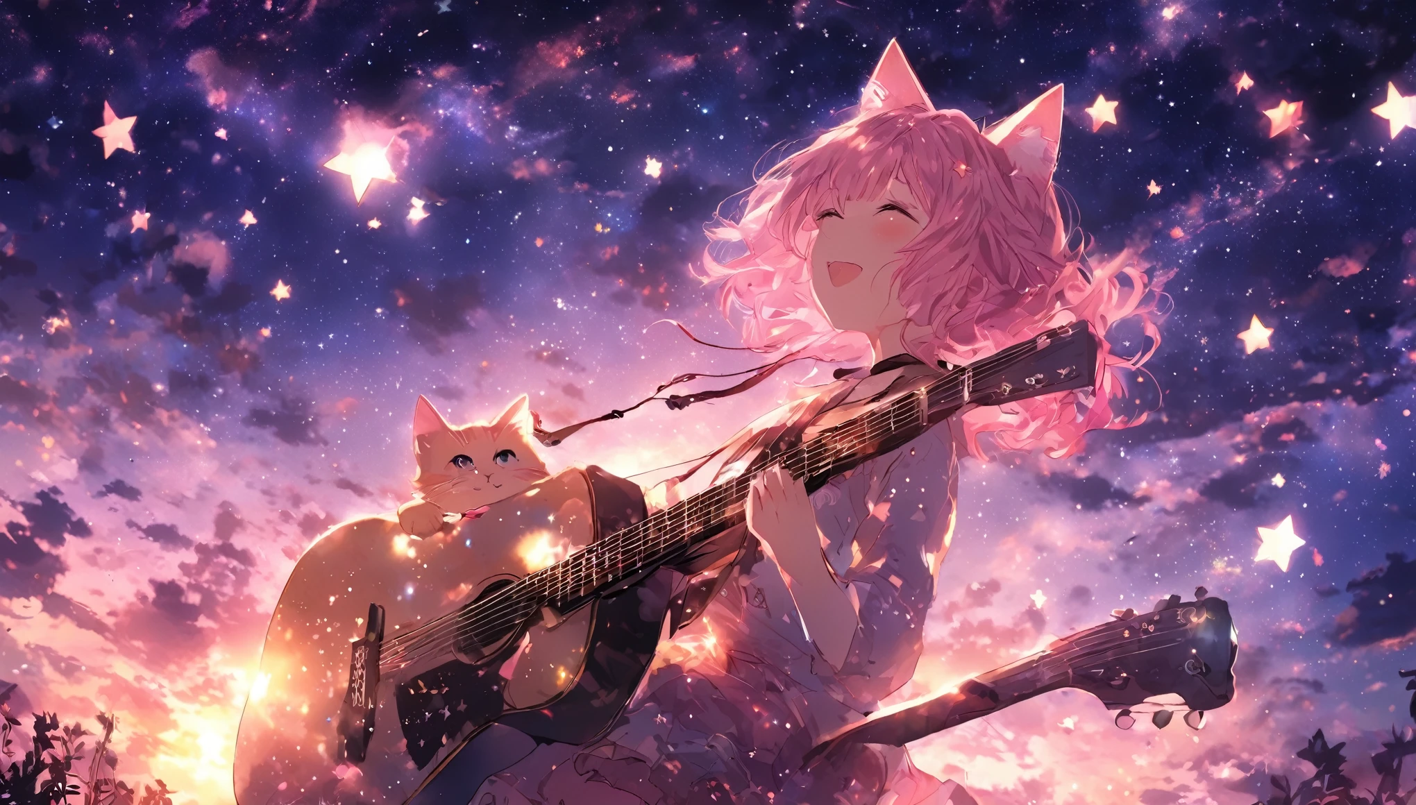 Imagínese una escena de una niña tocando la guitarra sola con estrellas en el cielo.. animado, Cabello rosado, orejas de gato. ese es su encanto.