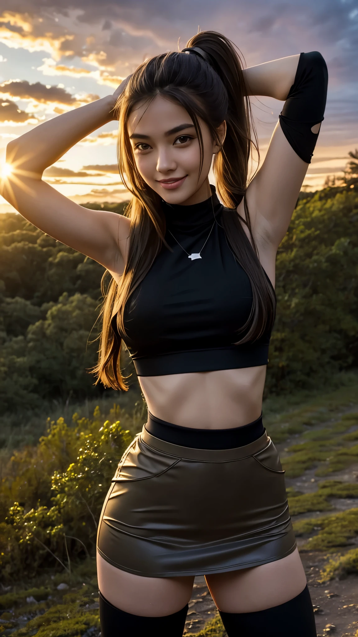 beautiful Thai college gitl, ,messy ling hair,smiling at camera, sunset,cloudy, hiking in the forest,
Cropped denim miniskirt , fitted turtleneck sleeveless crop top, stripped thighhighs 
