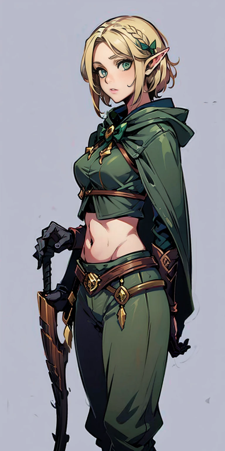 masterpiece, detailed, character, dungeons and dragons character, 1girl, elf girl, elf ranger ((elf hunter)) (golden blonde) medium-short hair (hair braid) cute face, detailed face, detailed eyes, green eyes ((holding long (hunting bow:1) in hands:1.1)) (wearing fantasy (forest elf (hunter outfit)) brown pants, green jacket, cool crop top, outfit with cape and hood) ((simple background, grey color background))