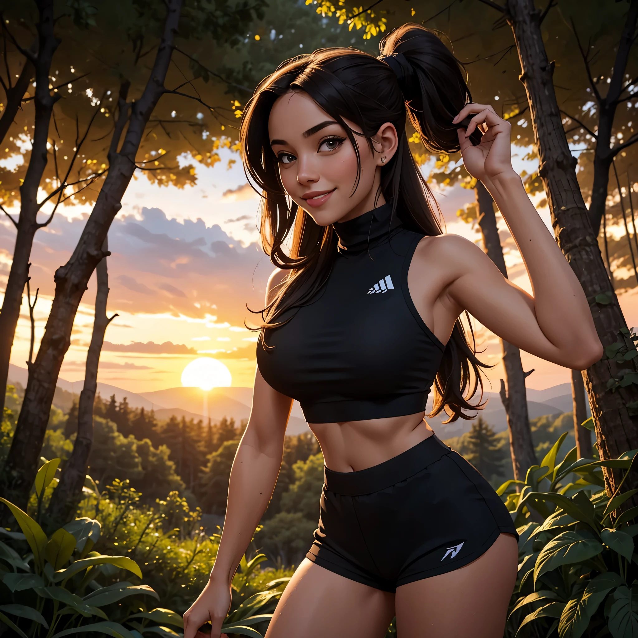 beautiful Thai college gitl, ,messy ling hair,smiling at camera, sunset,cloudy, hiking in the forest,
Cropped denim miniskirt , fitted turtleneck sleeveless crop top, stripped thighhighs 