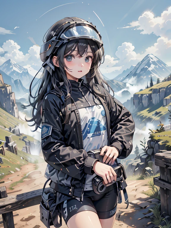 masterpiece, highest quality, Very detailed, 16k, Ultra-high resolution, Cowboy Shot, Detailed face, Perfect Fingers, 12-year-old girl, black eye, Black Hair, Sportswear, Helmet, blue sky, Mountain trail, Cycling Paths, Ride a bike