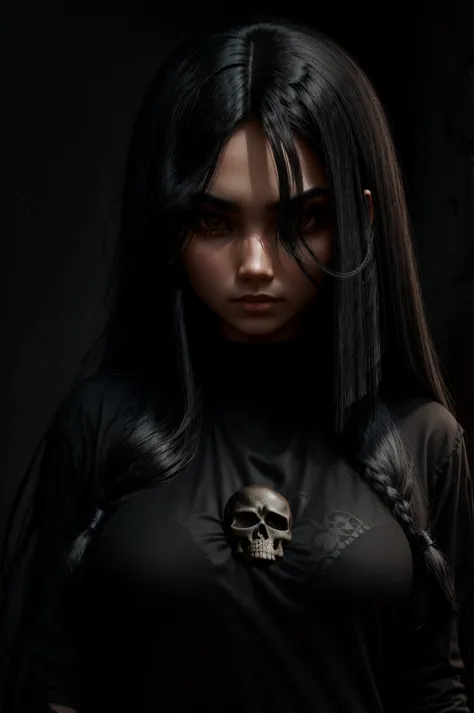 A woman with long black hair and a black shirt with a skull on it.