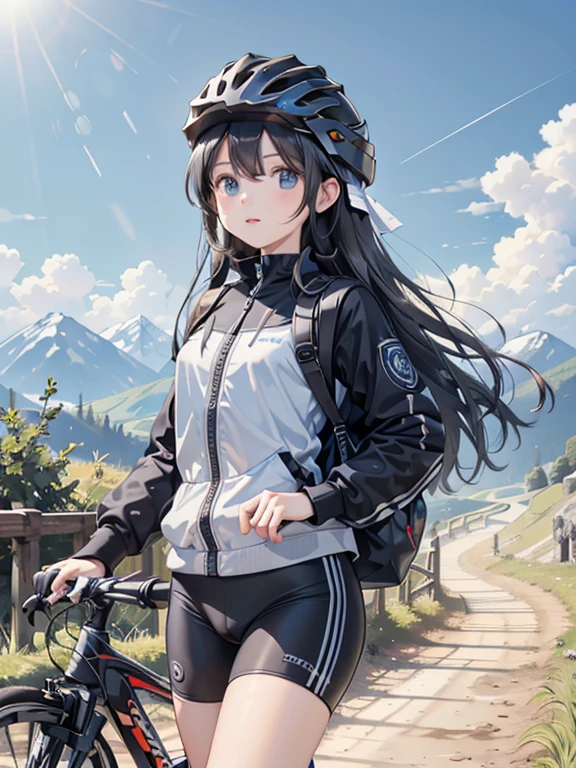 masterpiece, highest quality, Very detailed, 16k, Ultra-high resolution, Cowboy Shot, Detailed face, Perfect Fingers, 12-year-old girl, black eye, Black Hair, Sportswear, Helmet, blue sky, Mountain trail, Cycling Paths, Ride a bike