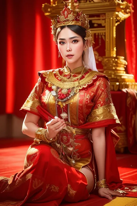 a woman in a red dress and gold crown sitting on a floor, sukhothai costume, traditional beauty, wearing ornate clothing, wearin...