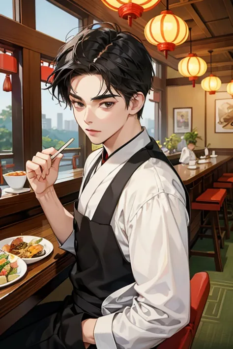 studio ghibli style，chinese roast duck restaurant，cartoon boy, chinese restaurant waiter&#39;s clothes, cute cartoon characters,...