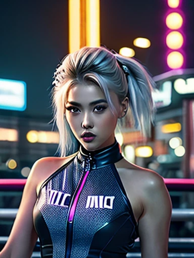 (Ultra-detailed eyes), (((transparent textile shading))), (((Best Quality))), (((masterpiece))) sassy girl, (((realistic:1.3 ))), a Thailand korean mixed girl with bright layered blonde bun hair, short Cyberpunk hairstyles choices, ((braid , gorgeous hair)), brown big eyes, (((retro futuristic unzipped sexy sensual seductive transparent bright grayish ripped clothes ))), ((sensual seductive pose)), (gorgeous, sassy, it girl), full waist up pose , upper knees pose , in empty spooky night carnival ride in the city at night, strong night carnival scary atmosphere, strong night carnival spooky atmosphere,  eye on camera, racer first in line costume,  carnival scary color, grayish Cyberpunk fashion choices