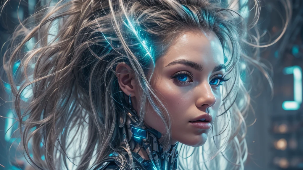 Une belle fille cybernétique futuriste avec des cheveux avec des brins de réseaux neuronaux, Futurisme, UHD, Super détail, Meilleure qualité, 8k  