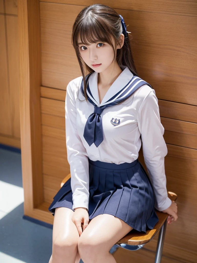 Perfect Anatomy ,Neat and clean high school girl, (school uniform, Sailor suit, Tie a ribbon around your chest, Winter clothes, The upper body is navy blue, The skirt is dark blue),In the morning, there will be a high school graduation ceremony in the large gymnasium.,長袖で昔ながらの紺色のSailor suitに膝丈のプリーツスカートを着て体育館シューズを履いて,((He is sitting on a metal chair in the gymnasium with a serious expression on his face..)),Short Bob,(((Knee-up shot from the front))),Best image quality,Professional angle of view,Excellent details,超A high resolution,Realistic:1.4),High Detail,Focus on the details,High concentration of 1girls,beautiful chestnut hair,Beautiful face with a delicate and high nose,Long limbs like a model,Beautiful pink knees,