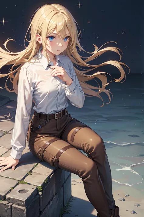 aot style, shingeki no kyojin,, , christa renz,, 1girl, belt, belt buckle, blonde hair, blue eyes, brown footwear, brown pants, ...