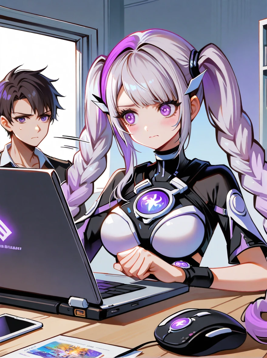 1yj1, 1girl, (((Symmetrical hair accessories, Purple and white gradient double ponytail long hair, Purple Eyes)))，(Double ponytails:1.3)，(1boy:1.6), dream, office, laptop, play games, nervous, (Vision:1.5), Anatomically correct, Bright colors, Ultra high saturation, yinji, 