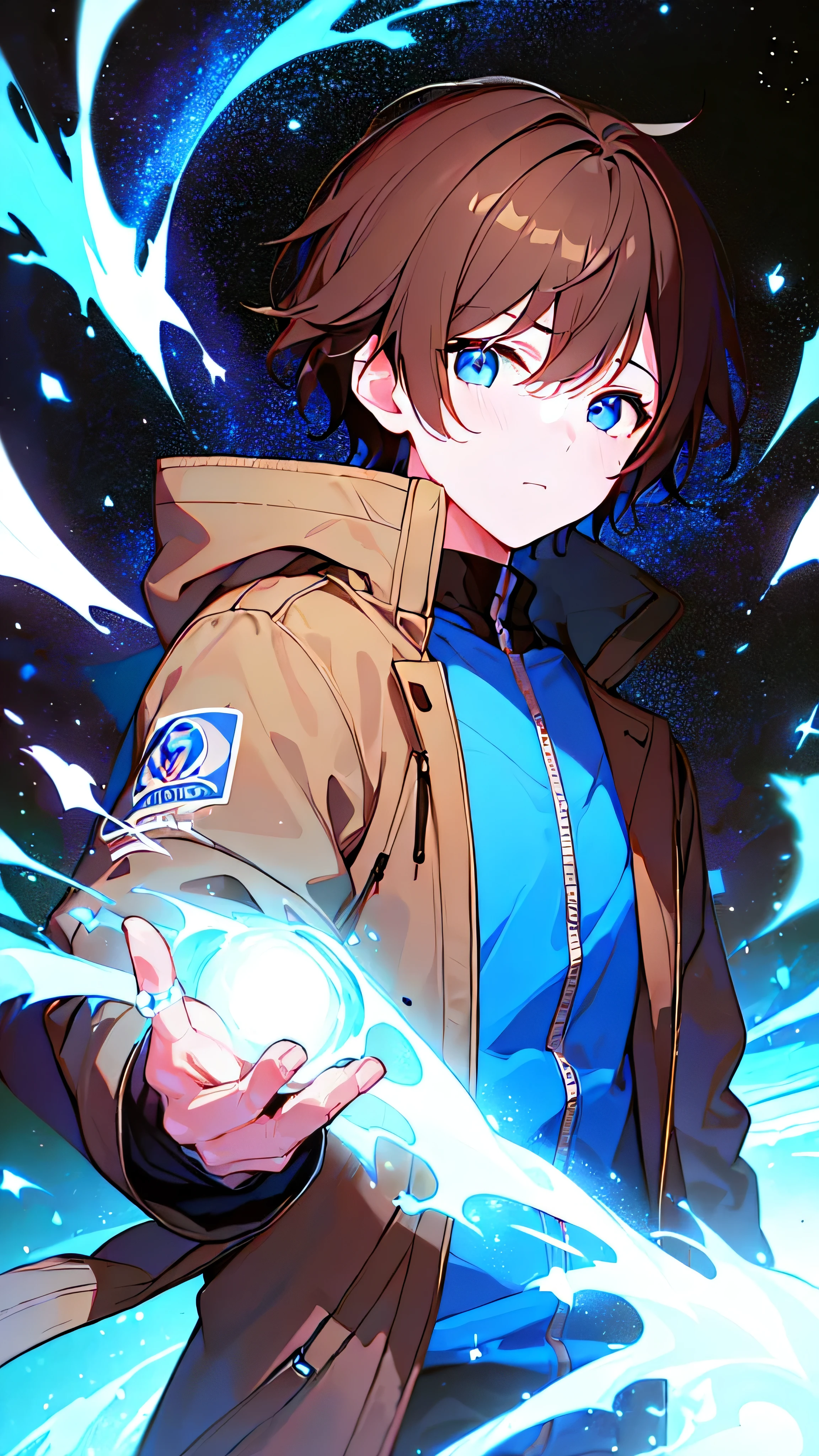 [(ATMOSPHERE SKY:1.5),::5], ((((masterpiece)))), high quality, very_high_resolution, large_filesize, full color, ((younger boy)), 13 old year, ((men's short brown hair)), vivid color, ((Blue eye)), Parka, (upper body), (GALAXY effect), ((anime style))