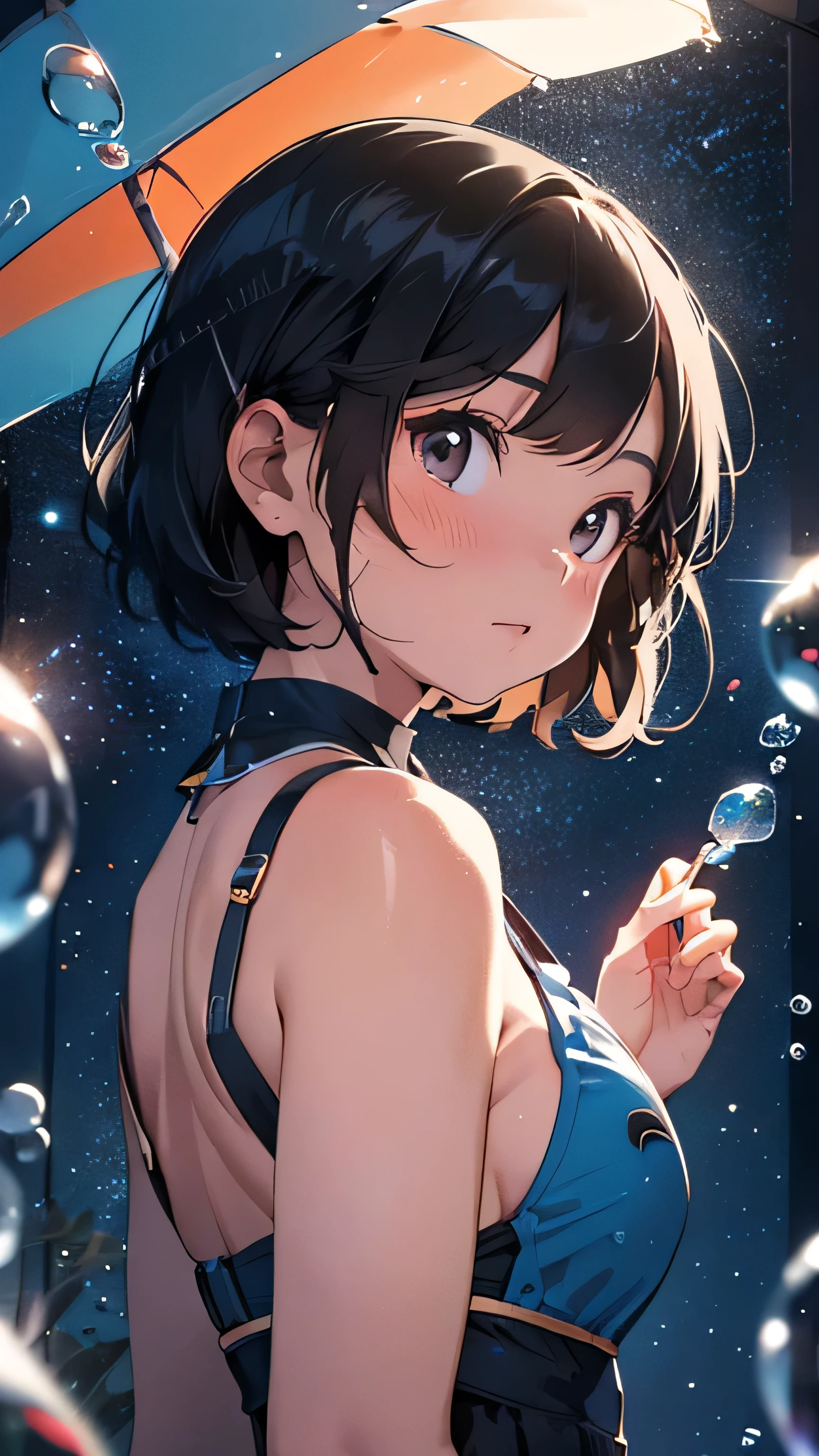 Composition looking up from below,Girl with short black hair，Back view, Lots of colorful bubbles，Lots of sparkling, A small universe inside a bubble, Crystals in the bubbles,plant，blue，Spend time at the beach，masterpiece，4K