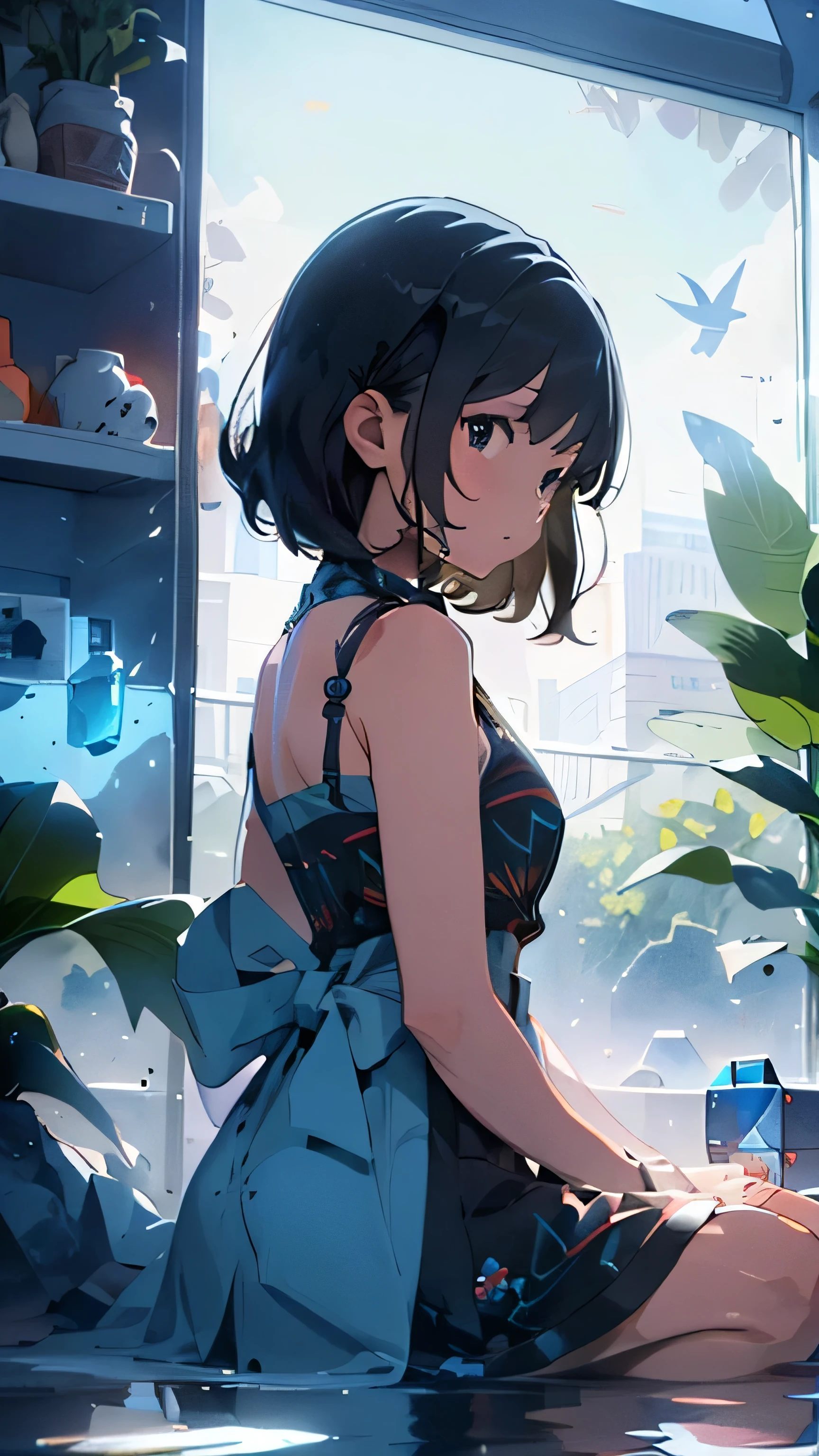 ,A short black-haired girl a little ways away，Back view, Lots of colorful cubes，Lots of crystal cubes, A microcosm inside a transparent cube,water，null, blue，Spend time at the beach，masterpiece，4K, Looking up at the null