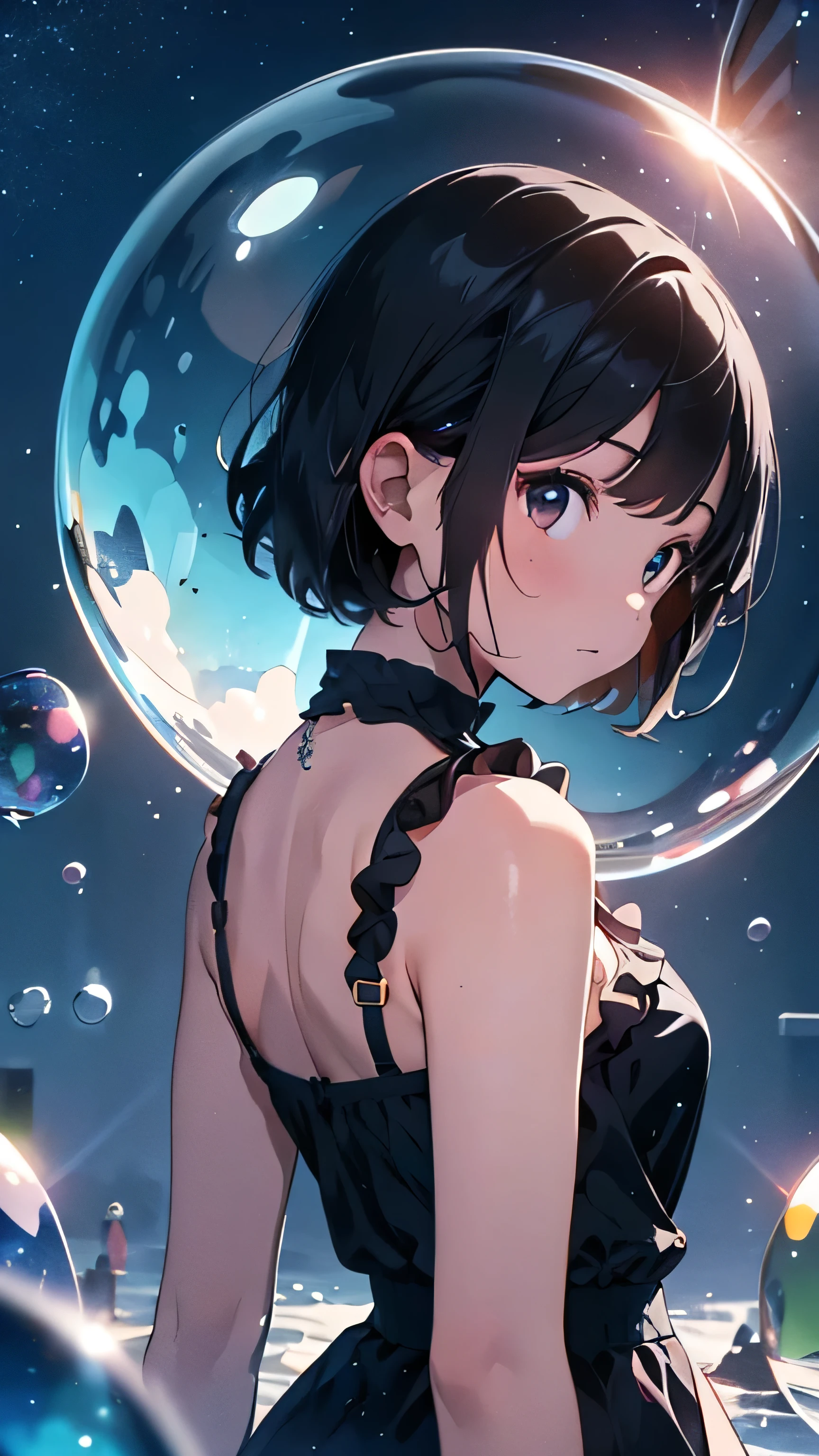 Girl with short black hair，Back view, Lots of colorful bubbles，Lots of sparkling, A small universe inside a bubble, Crystals in the bubbles,plant，blue，Spend time at the beach，masterpiece，4K