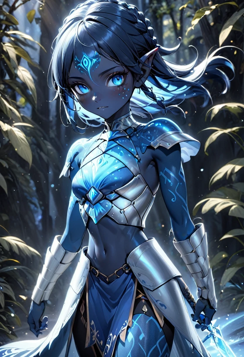 A full-length blue humanoid avatar with bioluminescent freckles and patterns on the skin. Pointed elf ears. Avatar's hair, black in color, sparkling blue eyes, slightly shimmering iridescent blue skin. Female gender, warrior-like, magical and mystical, detailed and realistic. Only blue skin tone. Only blue-colored skin. Skin completely blue.
