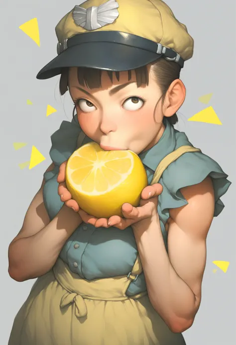 1girl, posing, micro bangs hair, insertion mouth lemon inserting a lemon in her mouth, sucking on lemon, (bitter reaction face:1...