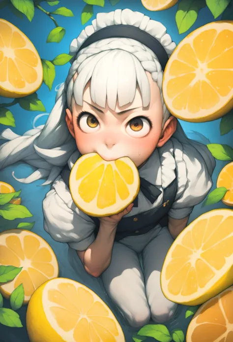 1girl, posing, micro bangs hair, insertion mouth lemon inserting a lemon in her mouth, sucking on lemon, (bitter reaction face:1...