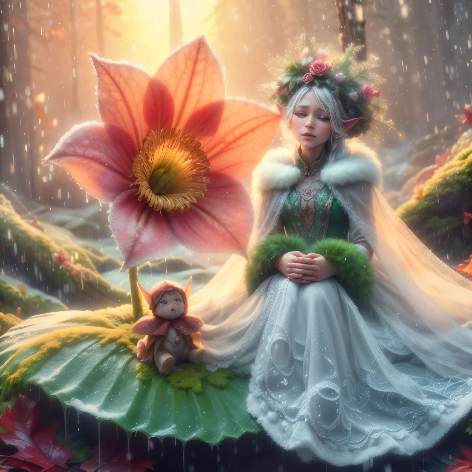 目は大きく開いており、虹彩は丸い, 冬の女王、雪で作られたガウスのガウンを着た美しいスウェーデン人女性, 露ほども大きな涙を流しながら、雨の中、穴の開いた大きな花の下の苔に覆われた葉の上に座って、優しく泣いている小さな妖精。, 雨林の背景, 小さな花, 露と雨粒で輝く, 斑点模様の日光を通して赤、オレンジ、黄色の色彩が見える