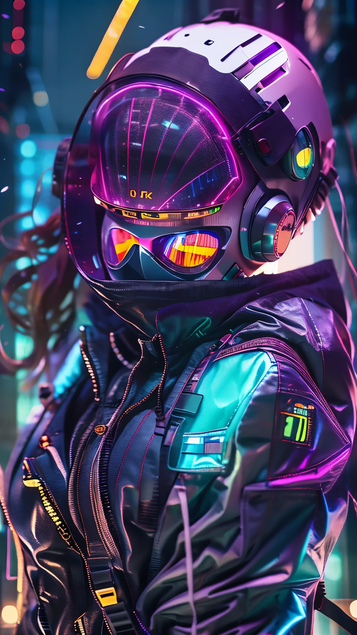 (good structure),high dynamic range,ultra high definition,8k,1 girl,blurred background,cyberpunk protective clothing,cyberpunk protective helmet,Glowing helmet,Neon lamp,neon color,oblique body,night,Mask screen reflections,depth of field,Upper body,cyberpunk,ground vehicle,lamp,neon lamp,pilot suit,alone
