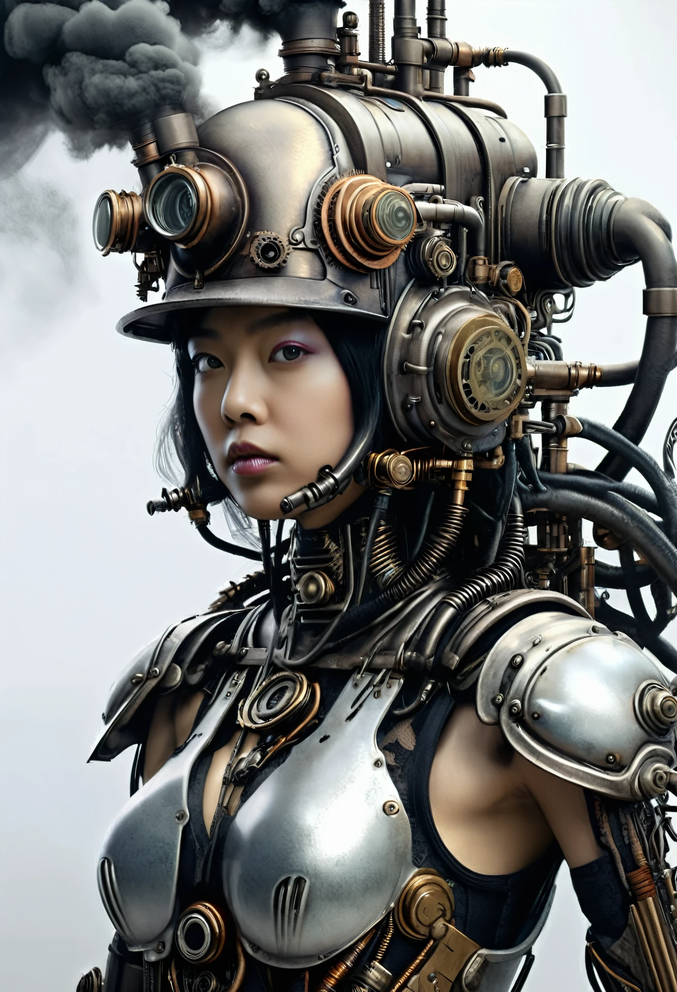 ohwx mulheres japonesas, um ciborgue steam punk, vista frontal, fundo branco, motor irreal, Inspirado em HR Giger, Retrato de meio corpo, Altamente detalhado, foto realista, cinematic, filme ainda, capturado no estilo da câmera Sony Alpha A7 III