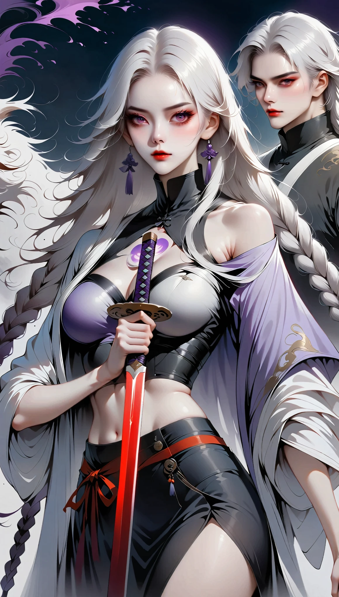 Girl with sword，Simple lines minimalism，Abstract Art，(((Holding a red long sword，White long hair，Purple double long braids，High Neck Off Shoulder Cropped Short Sleeve Top，Round glow on chest，Skirt slit，Holding a long sword))).Mysterious man in cloak：1.37，Xian Xia，Martial Arts，Jianghu，landscape，strength，action