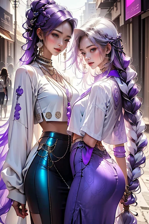 highest quality, Very detailed, masterpiece, Two women posing happily,(((Perfect female body))),Very beautiful face, Very beautiful body,Gentle expression, Very beautiful eyes,(Perfect Makeup:1.1),Fashion Model,DJ Style,Pink and blue cyberpunk fashion, Mullet Cut,Shaggy Hair,(Very long braided hair dyed white and purple: 1.5), very thin body,Smart Abs,((Monogram pattern:1.3)),Blue to red gradient,Fishnet blouse,((Long leg pencil skirt,anklet)),LED Light,Two-tone high-top sneakers,A kind smile,Cooboy Shot:1.3,Portraiture,(Cyber City:1.3), (Shiny skin),(Earrings),Elegant scarves,See-through long shawl,Liquid Metal,Pirate Belt,sunset,