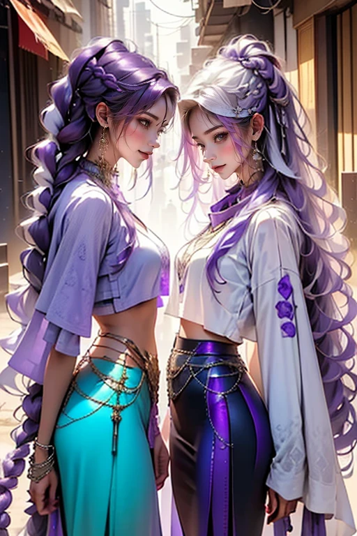 highest quality, Very detailed, masterpiece, Two women posing happily,(((Perfect female body))),Very beautiful face, Very beautiful body,Gentle expression, Very beautiful eyes,(Perfect Makeup:1.1),Fashion Model,Cowboy Shot,Pink and blue cyberpunk fashion, Mullet Cut,Shaggy Hair,(Very long braided hair dyed white and purple: 1.5), very thin body,Smart Abs,((Monogram pattern:1.3)),Blue to red gradient,Fishnet blouse,((Long leg pencil skirt,anklet)),LED Light,Two-tone high-top sneakers,A kind smile,Cowboy Shot:1.3,Portraiture,(Cyber City:1.3), (Shiny skin),(Earrings),Elegant scarves,See-through long shawl,Liquid Metal,Pirate Belt,sunset,