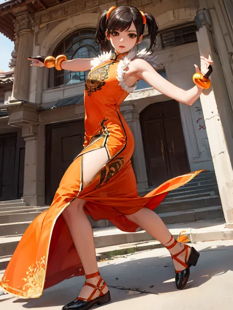 masterpiece, best quality, 1 girl, solo, 10 years old, (flat chest), (ling xiaoyu, (black hair:1.5), (brown eyes:1.7), swept ban...