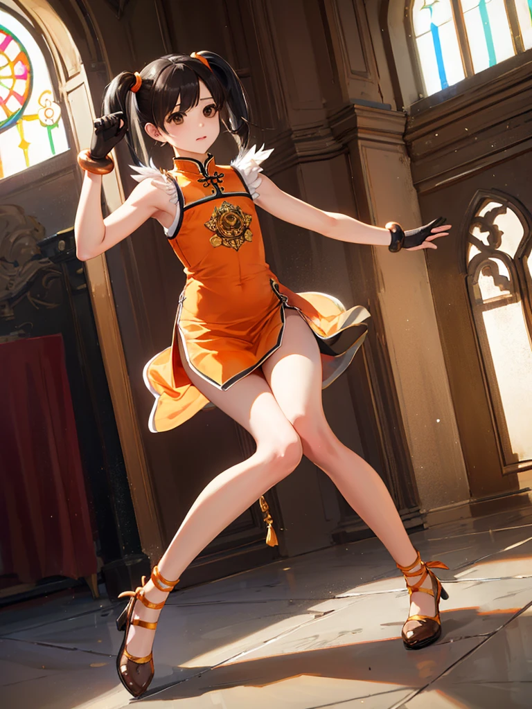 masterpiece, best quality, 1 girl, solo, 10 years old, (flat chest), (ling xiaoyu, (black hair:1.5), (brown eyes:1.7), swept bangs, twintails), black gloves, bracelet, chinese clothes, feather trim, fingerless gloves, gloves, mary janes, orange footwear, shoes, single glove, sleeveless, dress, orange dress,Monastic Clothes, church, full body,