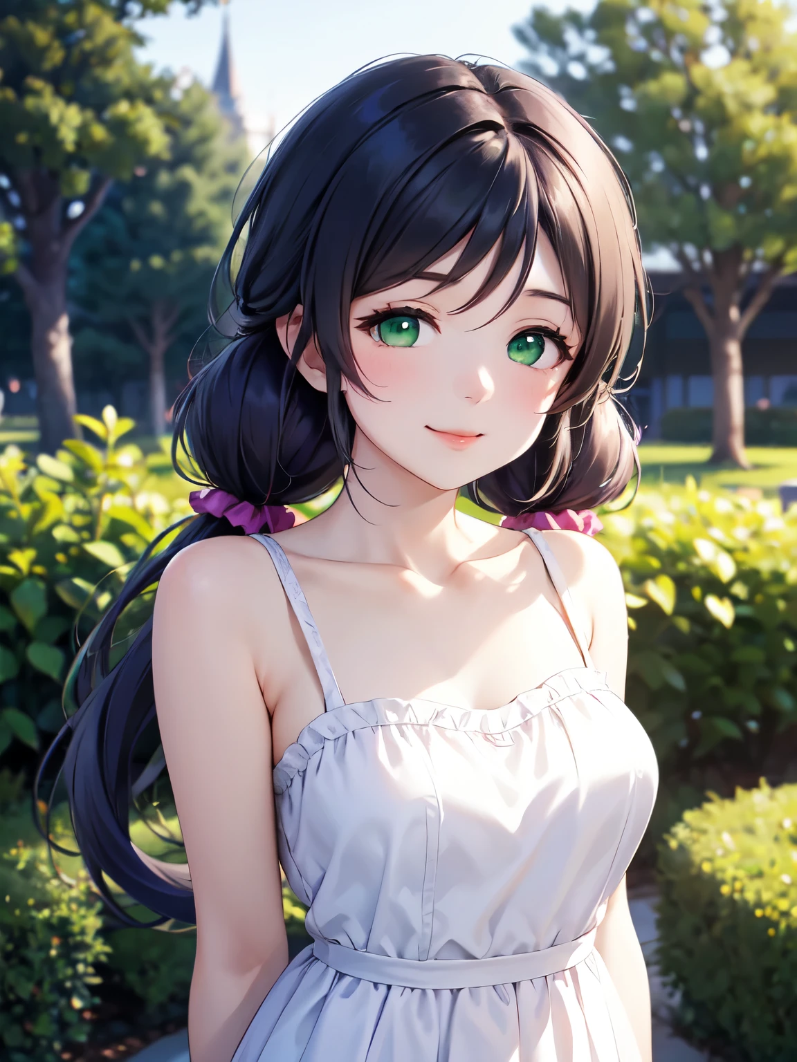 nozomitoujou,alone、garden、outdoor、Long HairのTwin tails、Nozomi Toujou , (Green Eyes:1.5),  (Purple Hair:1.3),Twin tails, low Twin tails, Scrunchie, Long Hair、smile、Closed Mouth、Absolute reference to the center、Cute no matter who looks at it、Arms behind back,clavicle,White Party Dresses、Absolute reference to center、whole body, alone,Cinematic lighting、Cowboy Shot、Highly detailed face, Perfect lighting, Highly detailed CG,