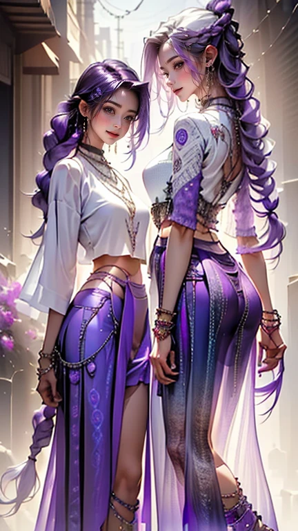highest quality, Very detailed, masterpiece, Two women posing happily,(((Perfect female body))),Very beautiful face, Very beautiful body,Gentle expression, Very beautiful eyes,(Perfect Makeup:1.1),Fashion Model,Cowboy Shot,Pink and blue cyberpunk fashion, Mullet Cut,Shaggy Hair,(Very long braided hair dyed white and purple: 1.5), very thin body,Smart Abs,((Monogram pattern:1.3)),Blue to red gradient,Fishnet blouse,((Long Length Tight Skirt,anklet:1.5)),LED Light,Two-tone high-top sneakers,A kind smile,Cowboy Shot:1.3,Portraiture,(Cyber City:1.3), (Shiny skin),(Earrings),Elegant scarves,See-through long shawl,Liquid Metal,Pirate Belt,sunset,Wind from below,