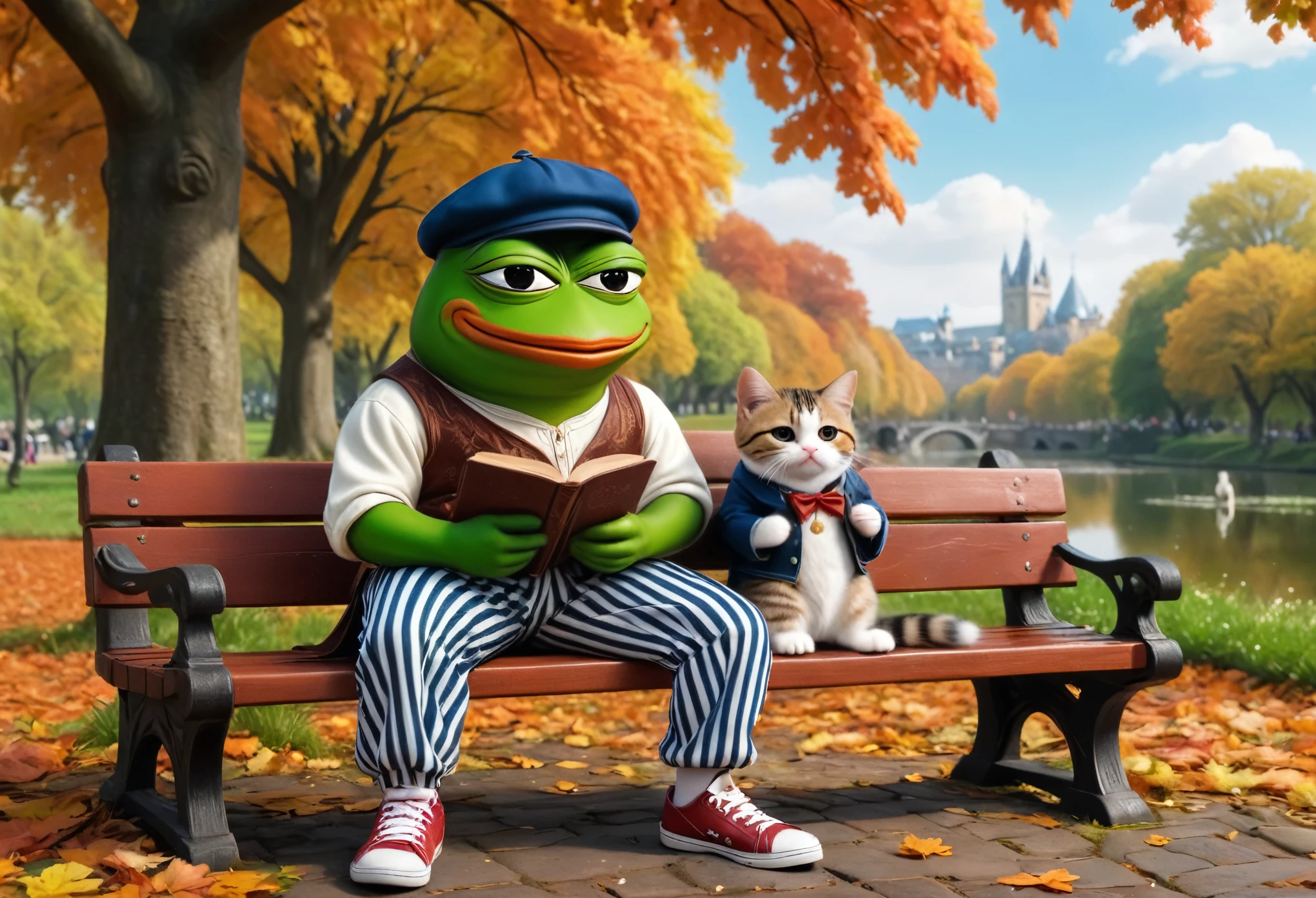 (masterpiece in maximum 16K resolution, superb quality, ultra detailed:1.3), muscular pepe the frog, solo, frog, anthropomorphic, amphibian, smiling, pepe_frog, ((close-up front view)), sitting on the ornate bench in the autumn park and ((holding a cute kitten)) in its hands, wearing a stylish leather jackets, T-shirt, ((a backwards cap)), under the blooming canopy, cityscape in the distance.
