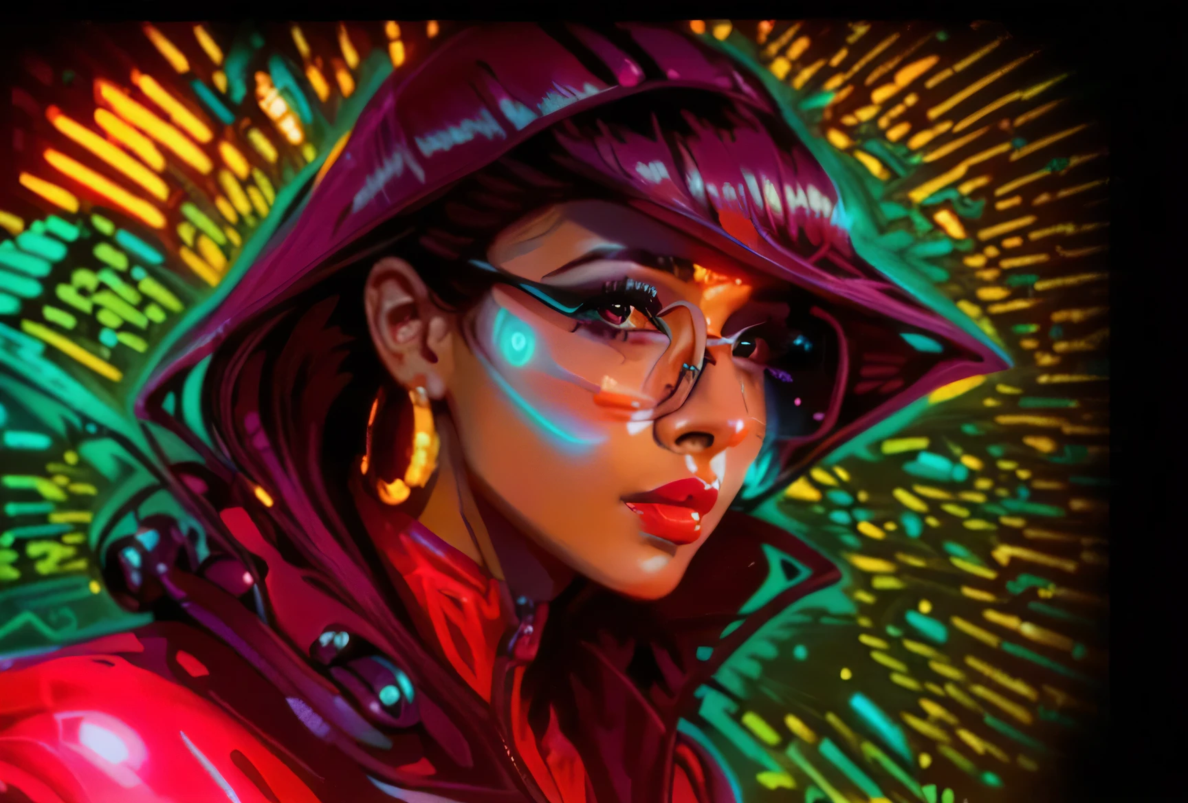 a close up of a latina woman with glasses and a red jacket, glow wave girl portrait, the cyberpunk girl portrait, cyberpunk portrait,  bright cyberpunk glow, dreamy cyberpunk girl, cyberpunk art style,  portrait of a cyberpunk cyborg, cyberpunk-themed art, portrait beautiful sci - fi girl, portrait of a sci - fi woman