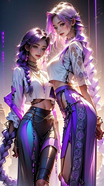 highest quality, Very detailed, masterpiece, Two women posing happily,(((Perfect female body))),Very beautiful face, Very beautiful body,Gentle expression, Very beautiful eyes,(Perfect Makeup:1.1),Fashion Model,Cowboy Shot,Pink and blue cyberpunk fashion,Shaggy Hair,(White and purple gradient very long braids: 1.5), very thin body,Smart Abs,((Monogram pattern:1.3)),Blue to red gradient,Fishnet blouse,((Long Length Tight Skirt,anklet:1.5)),LED Light,Two-tone high-top sneakers,A kind smile,Cowboy Shot:1.3,Portraiture,(Cyber City:1.3), (Shiny skin),(Earrings),Elegant scarves,See-through long shawl,Liquid Metal,Pirate Belt,sunset,Wind from below,