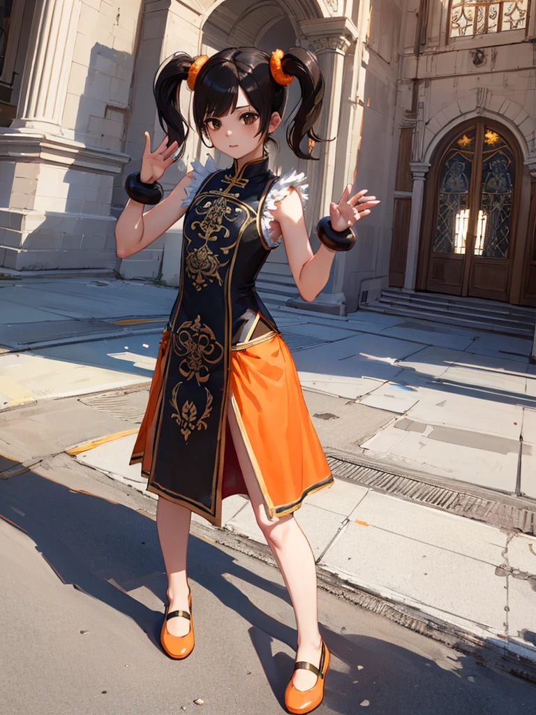 masterpiece, best quality, 1 girl, solo, 10 years old, (flat chest), (ling xiaoyu, (black hair:1.5), (brown eyes:1.7), swept bangs, twintails), black gloves, bracelet, chinese clothes, feather trim, fingerless gloves, gloves, mary janes, orange footwear, shoes, single glove, sleeveless, dress, orange dress, Monastic Clothes, church, full body,