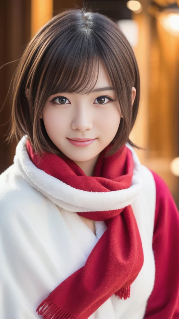 1girl, ultra young japanese girl, santa claus clothes and scarf, slim fit, incredibly cute, very short hair, big smile, ultra beautiful detailed eyes, beautiful detailed lips, extremely detailed face, long eyelashes, innocent, artless, natural makeup, best quality, 4k, 8k, highres, masterpiece, ultra-detailed, realistic, photorealistic, photo-realistic, professional, vivid colors, studio lighting