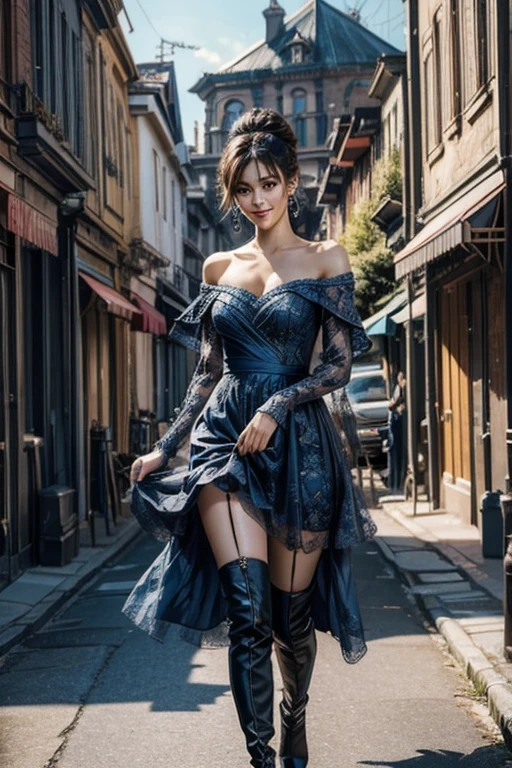 Beautiful woman in blue dress、1 girl、Delicate face、Detailed eyes and face、double eyelid、Glossy lips、Dark brown updo、stockings、Knee-high boots、Highly detailed costume、Mature sexy woman、very beautiful、A beautiful woman、8K,highest quality, masterpiece、Ultra-high resolution、Full body portrait, Official Art、High-definition skin texture、Sharp long legs、smile、outdoor、Modern architecture in the background、Detailed Background