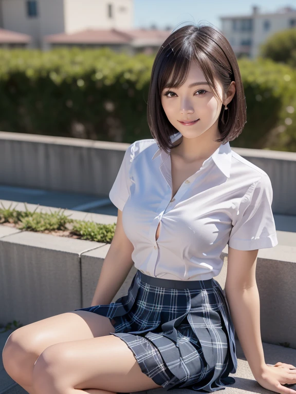 (Highest quality: 1.5), (Realistic: 1.5), (1 person: 1.5), Highly detailed, High resolution, 8k, slightly saggy medium breasts, Natural colored lips, Cute smile, Japanese woman, 20 year old girl, beautiful and graceful features, perfect and beautiful face, balanced big eyes, brunette eyes, beautiful and graceful features, natural double eyelids, natural bangs, beautiful thin nose, beautiful skin, medium bob hair , natural bangs , perfect and beautiful face, slim face and figure, blue summer sky,  socks, (looking at the camera with a sweet smile), bright lighting, professional lighting, forward lighting, beautiful legs: 1.2, smooth skin, slender body, slim waistline, slim thin thighs,  cleavage, detailed clothes, (short sleeve dress shirt:1.5), (Pleated skirt:1.5), plaid pleated micro mini skirt, short sleeve dress shirt, (unbuttoned shirt to show cleavage), sit on the roof of the school, Beautiful breasts, beautiful cleavage,