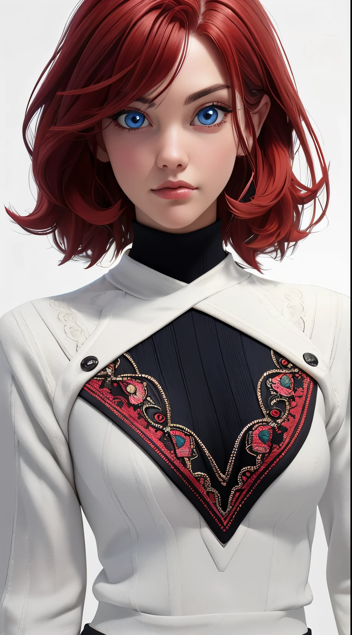 as cartoon character, sfw, dressed, turtleneck, red heair, upper body, intricate, sharp focus, soft lighting, vibrant colors, masterpiece, (frontal), detailed eyes, advertising studio lights, frontal led light ring, smooth shadows, bokeh background, Hyper Realistic Photography, Hyperdetail, UHD, Color Correction, HDR, color grading, hyper realistic (white background)