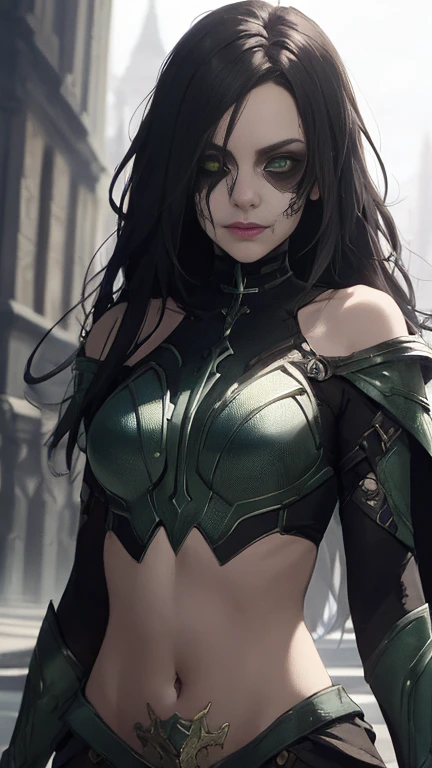 (Highly quality, masterpiece, detailed), undead city detailed scenario, undead city detailed background, 1girl, black hair, long hair, armor, bare shoulders, green eyes, crop top, silme, navel, perfect face, beautiful eyes, look at the viewer, Sexy pose