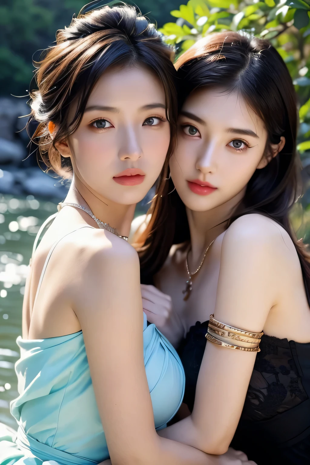 ((Realistic:1.5)),Ulzzang-6500：0.7，((Best quality)), ((Masterpiece)),((Detailed)),2girls,duo,{2 beautiful women}, (Upper body:1.3),Hug and touch each other, Tease your friend's waist, Breathless friends, Biting a friend's earlobe, crouched,super wide shot,Face focus, Long legs,Curvy, Barefoot,Wide hips, Thin legs, Oversized eyes,Long eyelashes, (Detailed face,beautidful eyes, detailedpupils,detailed clothes features, Clear background:1.3), (armlets, bangle:1.3), Mysterious ancient ruins, floresta exuberante, Deep canyon,bridge,River,cliff,Cloud,lakes,Rock music,Waterfalls, Flowers, Grass,grape trees,tree,bright detail,Sharp,Perfect compounding, Intricate, Sharp focus, Dramatic,